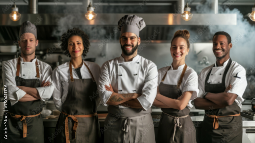 Diverse Culinary Team Posing Confidently in Commercial Kitchen Diverse Culinary Team Posing Confidently in Commercial Kitchen