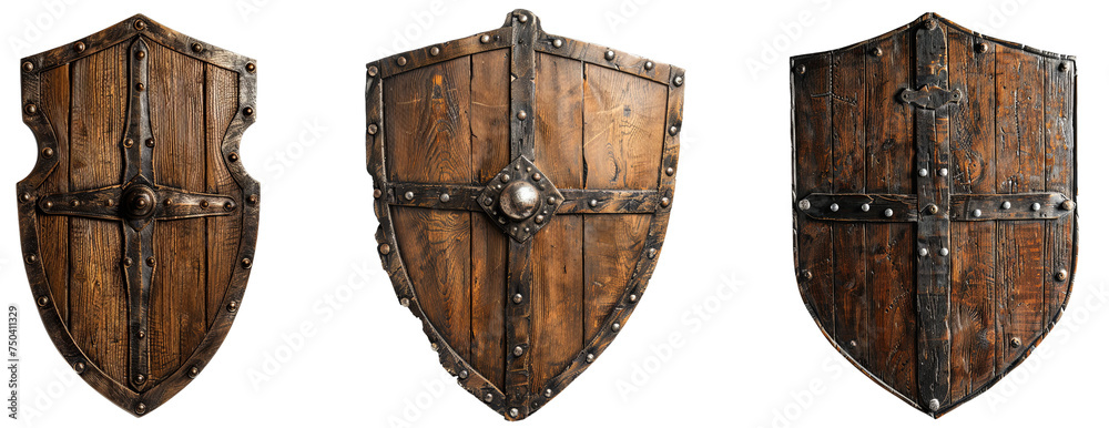 Trio of Antique Wooden Shields Isolated on White, Medieval Armament Collection - obrazy, fototapety, plakaty 