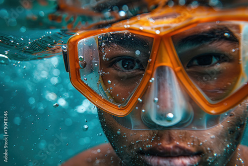 Asian man in a mask swims on a coral reef