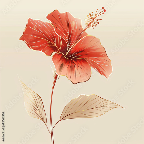 Red hibiscus isolated on beige background. Single floral