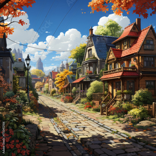 A picturesque street lined with vintage houses, cobblestone path, and vibrant autumn foliage under a clear blue sky.