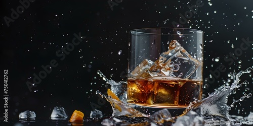 Elegant whiskey glass with splashing liquid and ice cubes against a dark background. perfect for advertising and art. AI