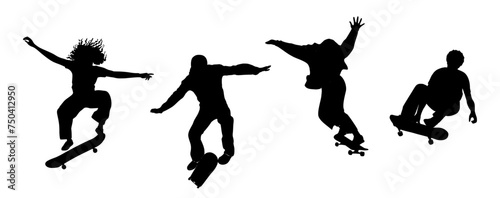 Set of Black silhouettes Skaters jumping, riding skateboard. Young cool girls and boys trick and stunt on skate board, movement in air. Outdoor extreme sport. Vector icons on transparent background.
