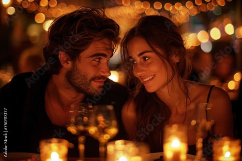 A couple enjoying a romantic dinner at a candlelit restaurant