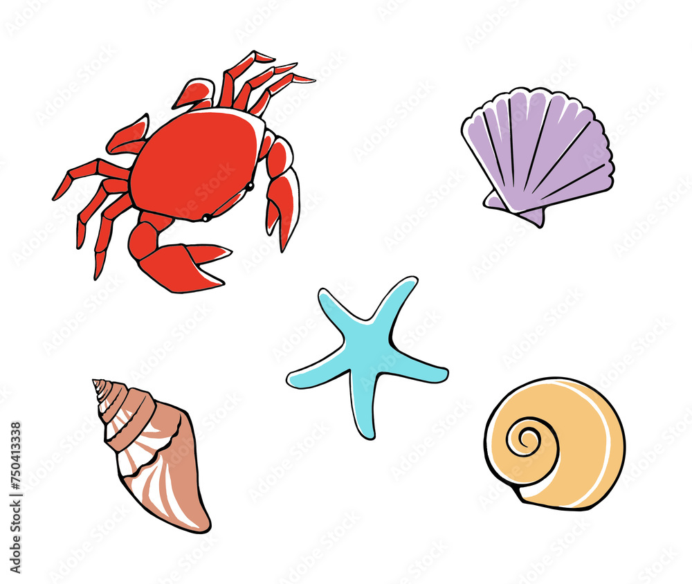 海の生物(カニ・ヒトデ・貝類)のポップでカラフルなイラストセット 海の生物(カニ・ヒトデ・貝類)のポップでカラフルなイラストセット