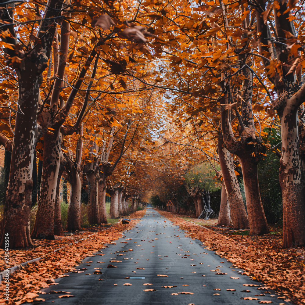 Road in autumn between orange trees