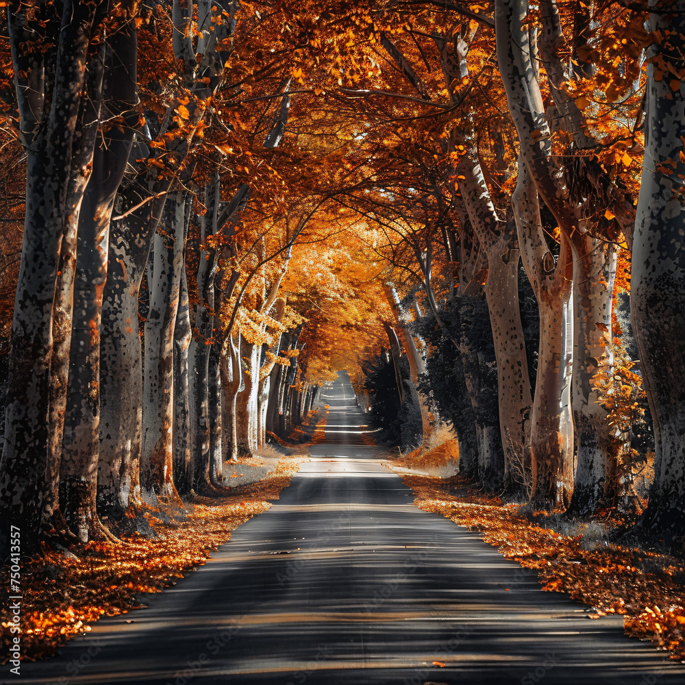 Road in autumn between orange trees