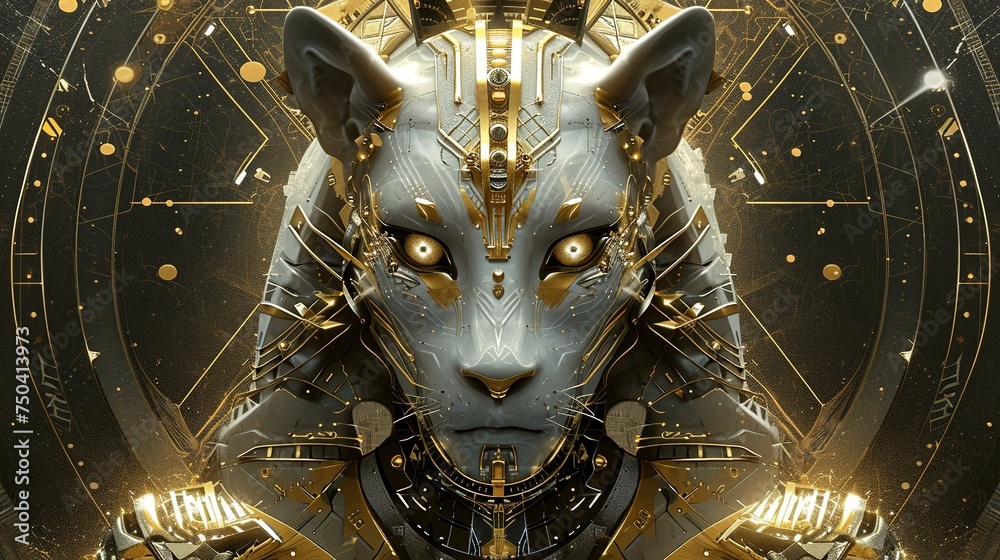 futuristic robot head with golden eye and glowing lights on black background. digital art, future technology, future science. created with Generative AI