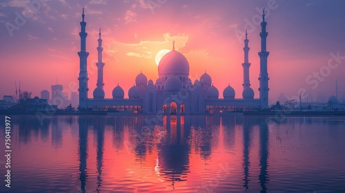 An islamic wallpaper with a sunset, moon, holy night, and a silhouette mosque with a sunset sky