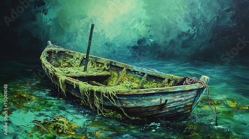 oil painting  colorful background. old boat on the river created with Generative AI