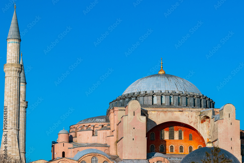 Hagia Sophia or Ayasofya Mosque with clear blue sky.
