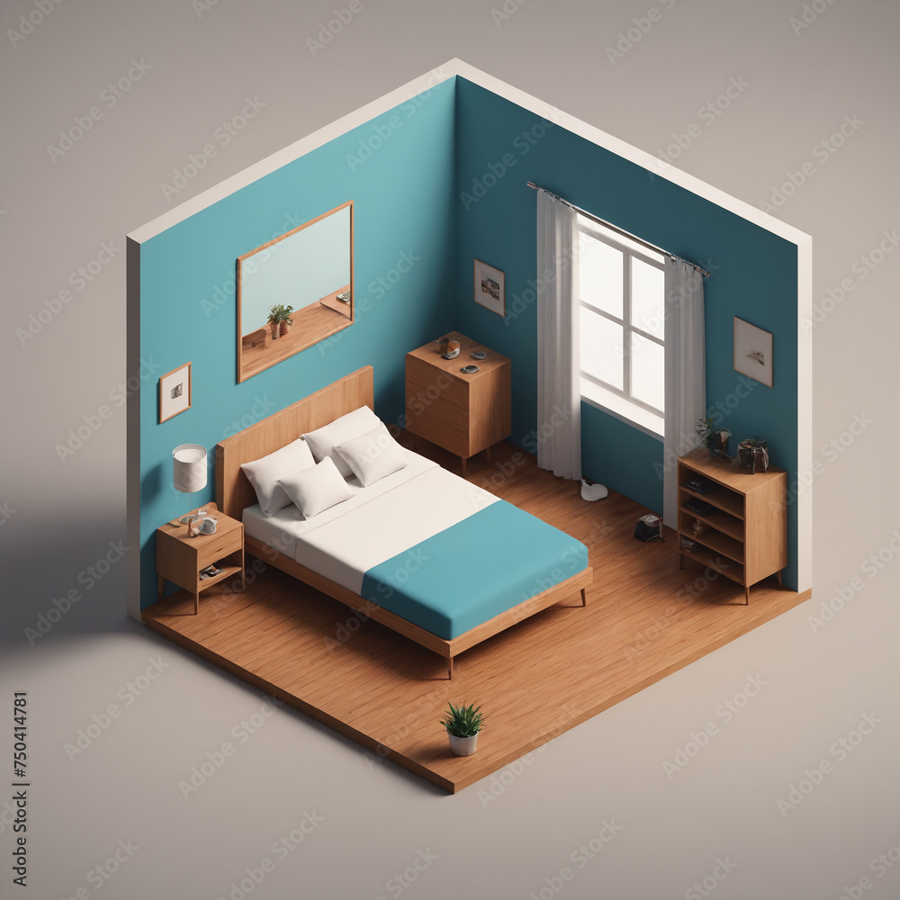 Isometric miniature bedroom inside of a cube