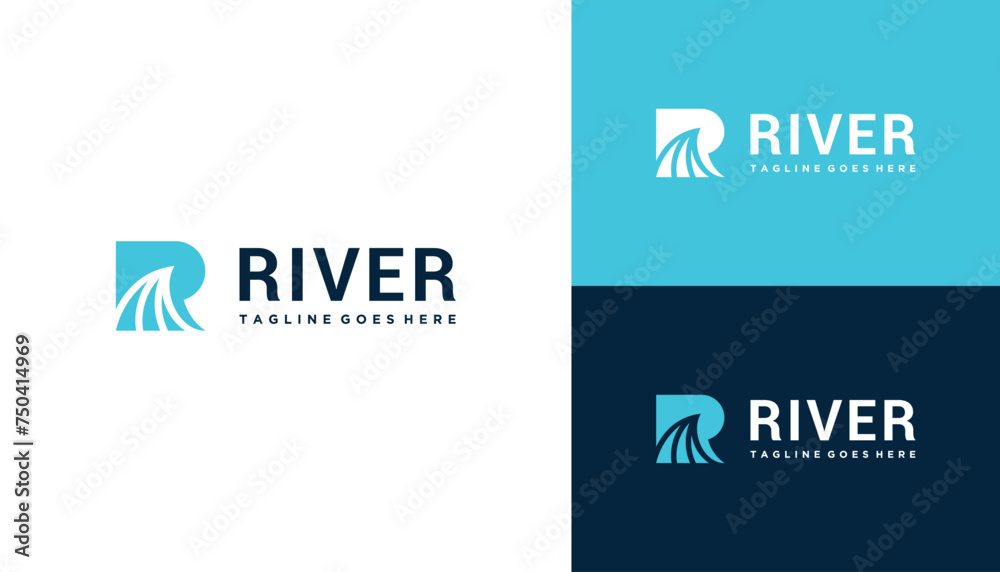 Initial Letter R River with Ocean Waves Line Art Logo Design
