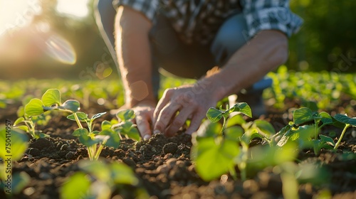 Examining Young Soybean Plants in a Sunny Field. Concept Agriculture, Field Studies, Plant Growth, Crop Development, Environment