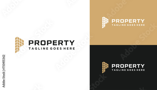 Golden Initial Letter P Apartment Building Property with Elegant Luxury Line Art Hexagon Logo Design