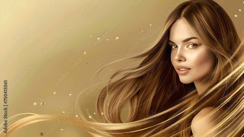 Elegant digital artwork of a woman with flowing hair on a golden ...
