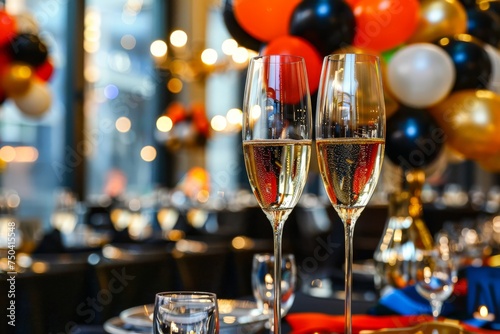 Champagne glasses on table at elegant party