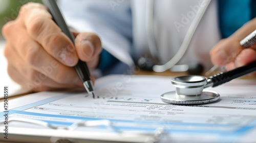 Doctor completing a Medical Insurance Claim Form by Stethoscope photo