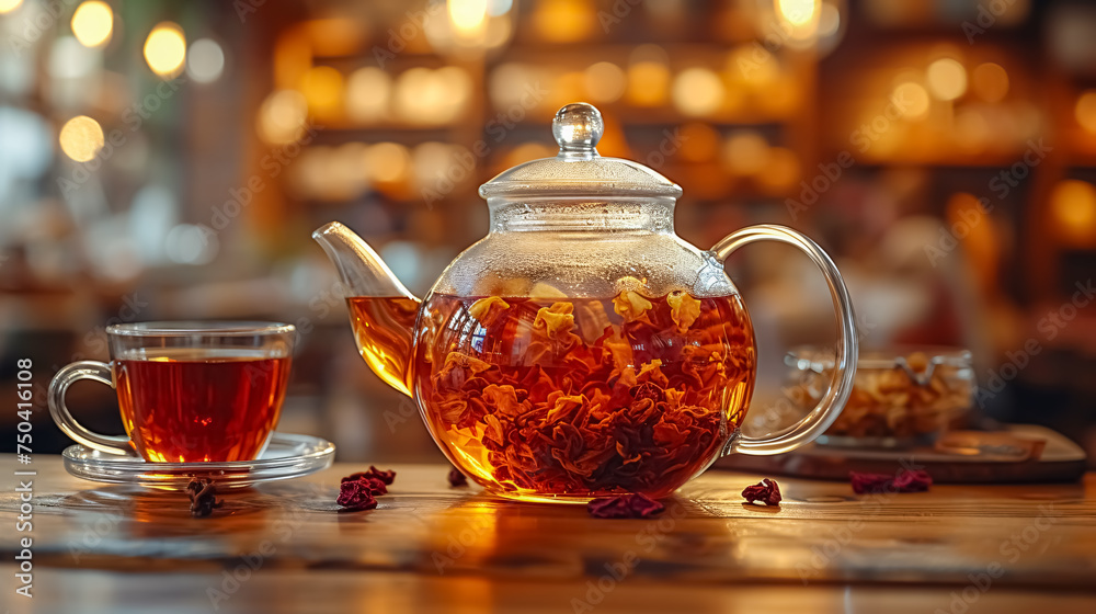 Glass teapot and cup of tea on a wooden table in a cafe Glass teapot and cup of tea on a wooden table in a cafe