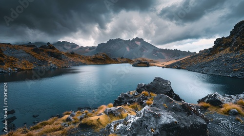 Dramatic mountain lake under stormy skies, nature's serenity captured. peaceful scenic outdoor landscape for calming wall art. AI