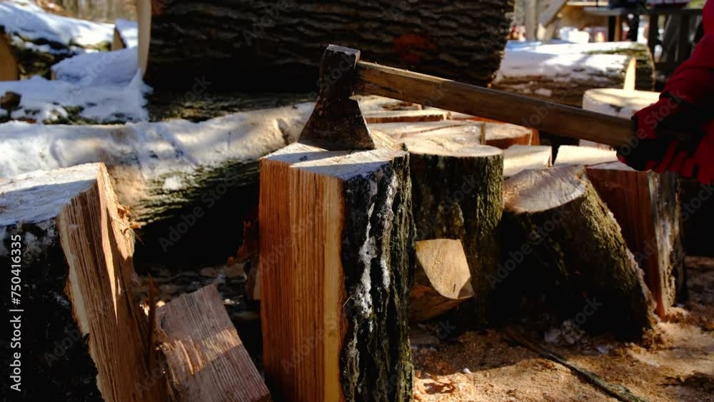 Slow motion of oak log being strike by Russian ax trying to split wood into smaller pieces preparing to be used as fuel source in cast iron stove to heat house through winter season. Slow motion of oak log being strike by Russian ax trying to split wood into smaller pieces preparing to be used as fuel source in cast iron stove to heat house through winter season.