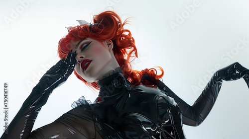 theatrical red-haired woman in latex catsuit with smokey eyes and red lipstick