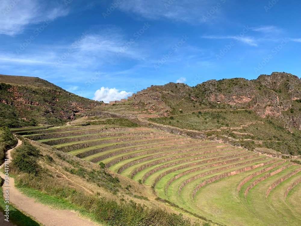 Peru Inca terraced fields in the Sacred valley Pisac town Calca province  Cusco region.