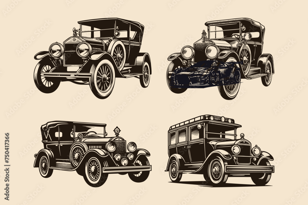 set of classic car silhouette. vintage old style car isolated background