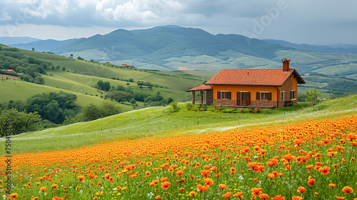 Wooden house in the meadow with orange flowers and mountains in the background