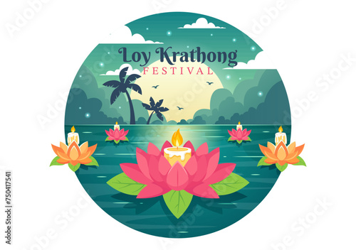 Loy Krathong Vector Illustration of Festival Celebration in Thailand with Lanterns and Krathongs Floating on Water Design in Flat Cartoon Background