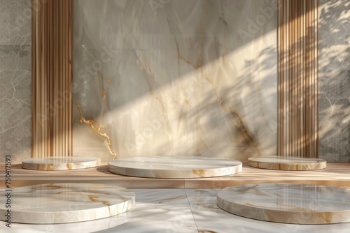 white marble Podium stand studio room brown gold color background 3d pedestal platform background. Premium golden light scene luxurious style floor stage modern mockup base. with a vase tree