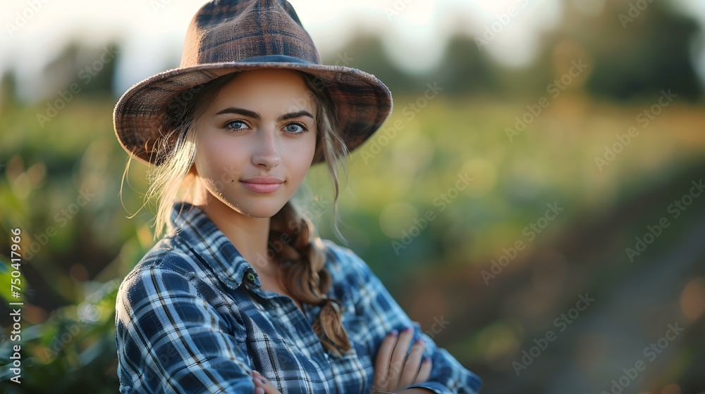 Confident young female farmer in a rural setting with arms crossed. Concept Rural Farming, Confident Woman, Arms Crossed, Young Farmer, Rural Setting