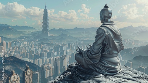 3D render of a Zen statue in an ancient robe with cybernetic limbs folded in meditation set on a mountaintop overlooking a futuristic skyline