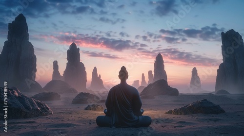 3D render of a Zen statue with a backdrop of towering desert rock formations capturing the statues silhouette against the twilight sky © pprothien