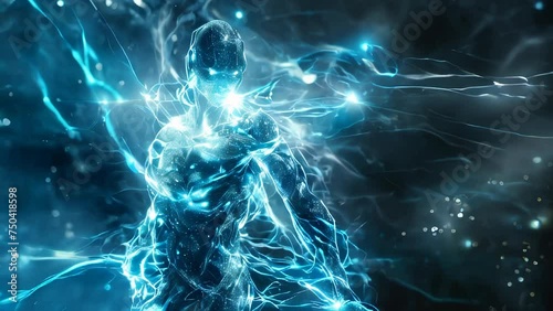Superhuman powers, human body made of blue lightening. Fantasy and sci-fi render.