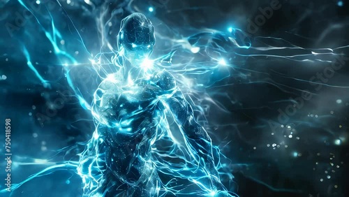 Superhuman powers, human body made of blue lightening. Fantasy and sci-fi render. photo