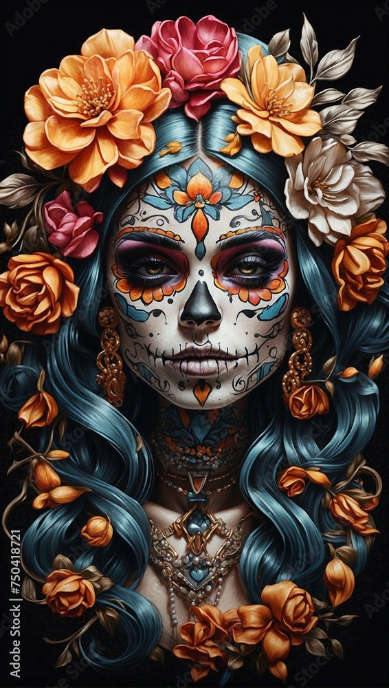 flower girl skull tattoo illustration