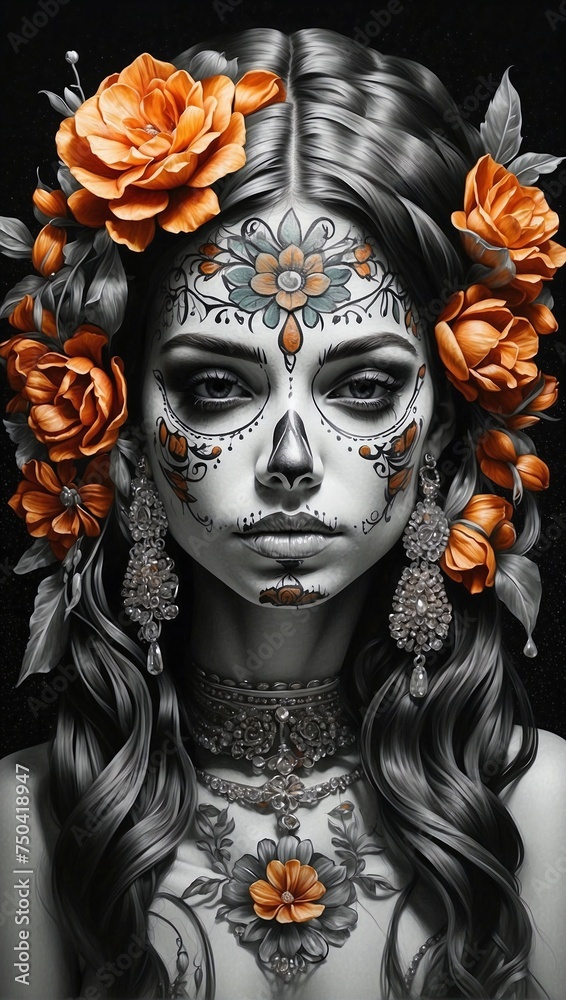 flower girl skull tattoo illustration