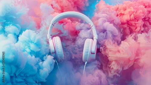 White headphones surrounded by smoke in slow motion.