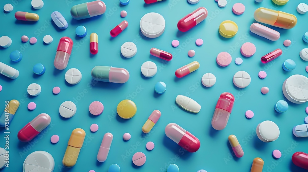 Assorted medication pills and capsules on a blue background. pharmaceutical concept for health. modern medication variety. simple flat lay style. AI Assorted medication pills and capsules on a blue background. pharmaceutical concept for health. modern medication variety. simple flat lay style. AI