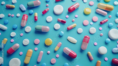 Assorted medication pills and capsules on a blue background. pharmaceutical concept for health. modern medication variety. simple flat lay style. AI