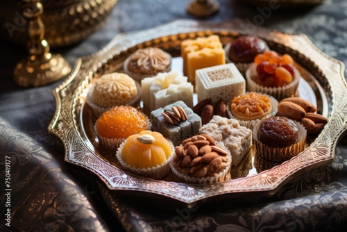 Traditional Eid sweets arranged elegantly on a decorative tray, showcasing the rich culinary heritage of the holiday. photo
