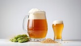 Bottle and Glass beer with Brewing ingredients. Hop flower with wheat.white background