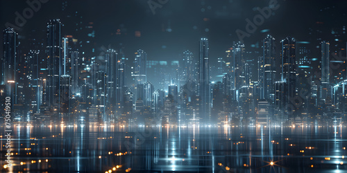 Image of Abstract glowing business graph holograph .Skyscrapers reflect in a reflecting pool at nighttime in the style of surreal 3d landscapes . 