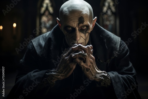 Vampire with skeletal fingers and sunken cheeks, of Spanish descent, skulking in the shadows of an abandoned monastery, his malevolent gaze piercing the darkness. Low key lighting hei photo