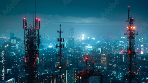 Urban landscape with 5G towers showcasing advanced connectivity captured in a documentary photography style