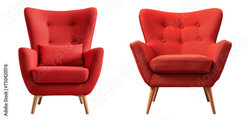 Set of Red Modern Scandinavian style Armchairs, isolated on Transparent Background, Home Interior
