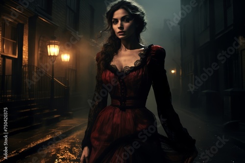 
A woman vampire with regal poise and an air of melancholy, of British descent, wandering the fog-shrouded streets of an ancient town, her presence both haunting and alluring. Low key lighting create