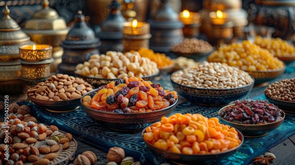 This is a holiday concept featuring Ramadan Kareem and Iftar muslim food. Trays with nuts and dried fruits are displayed alongside candlelight.