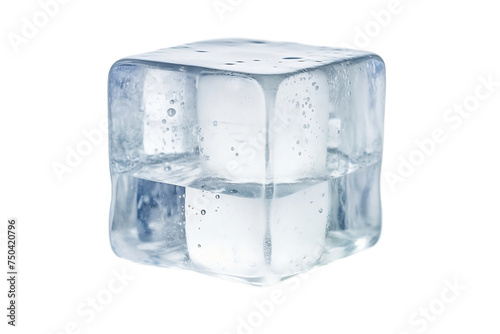 Isolated crystal-clear ice block on white.